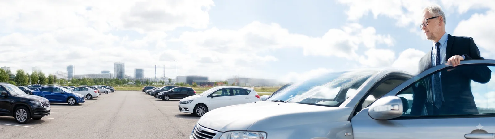 Geschäftsauto mieten Muhr Autoverleih - Geschäftsmann steht neben einem Auto mit offener Tür an einer Straße