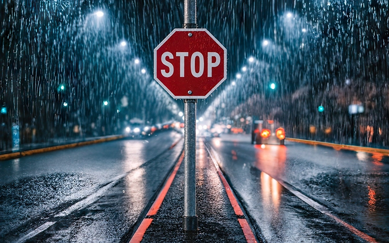 Autofahren im Regen - Stop-Schild zwsichen zwei verregneten Straßen